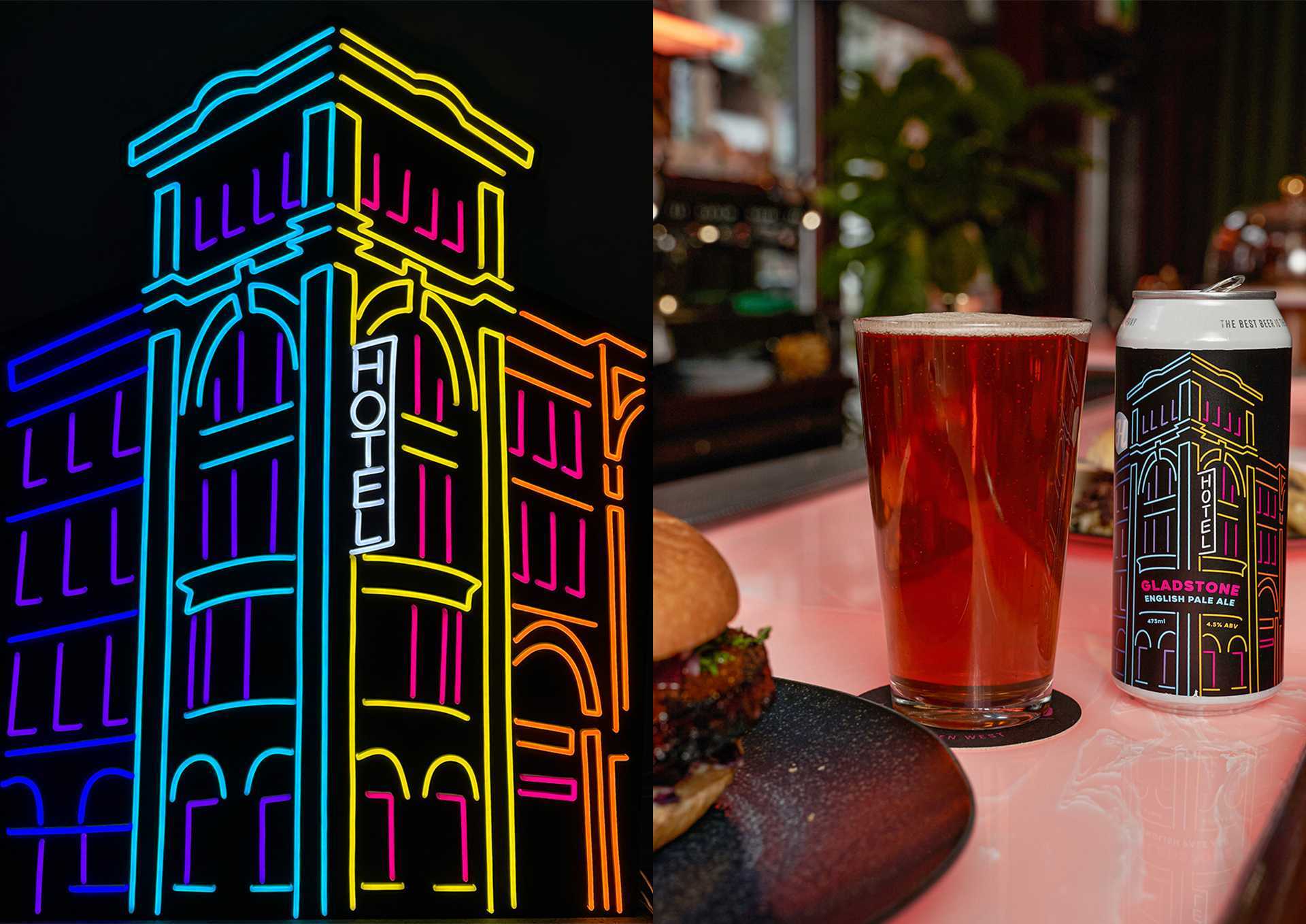 Gladstone House | Kal Honey's neon art piece is featured on the cans of Gladstone English Pale Ale