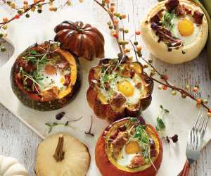 Mini squash pots | Mini squash pots with eggs, pumpkin, chorizo, and cheese