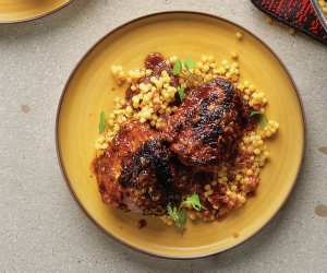 Chicken recipes | Harissa chicken thighs with saffron Israeli couscous