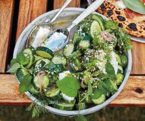 Summer salad recipes | Cucumbers with herby yogurt dressing and sesame seeds