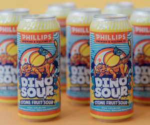 Cans of Phillip's Dinosour Stone Fruit Sour